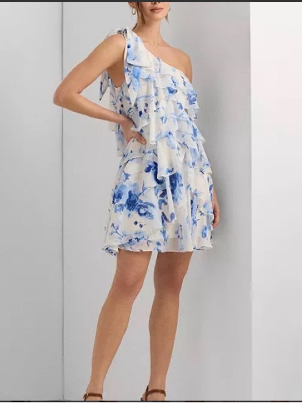 Lauren Ralph Lauren White One-Shoulder Ruffle Dress with Blue Floral